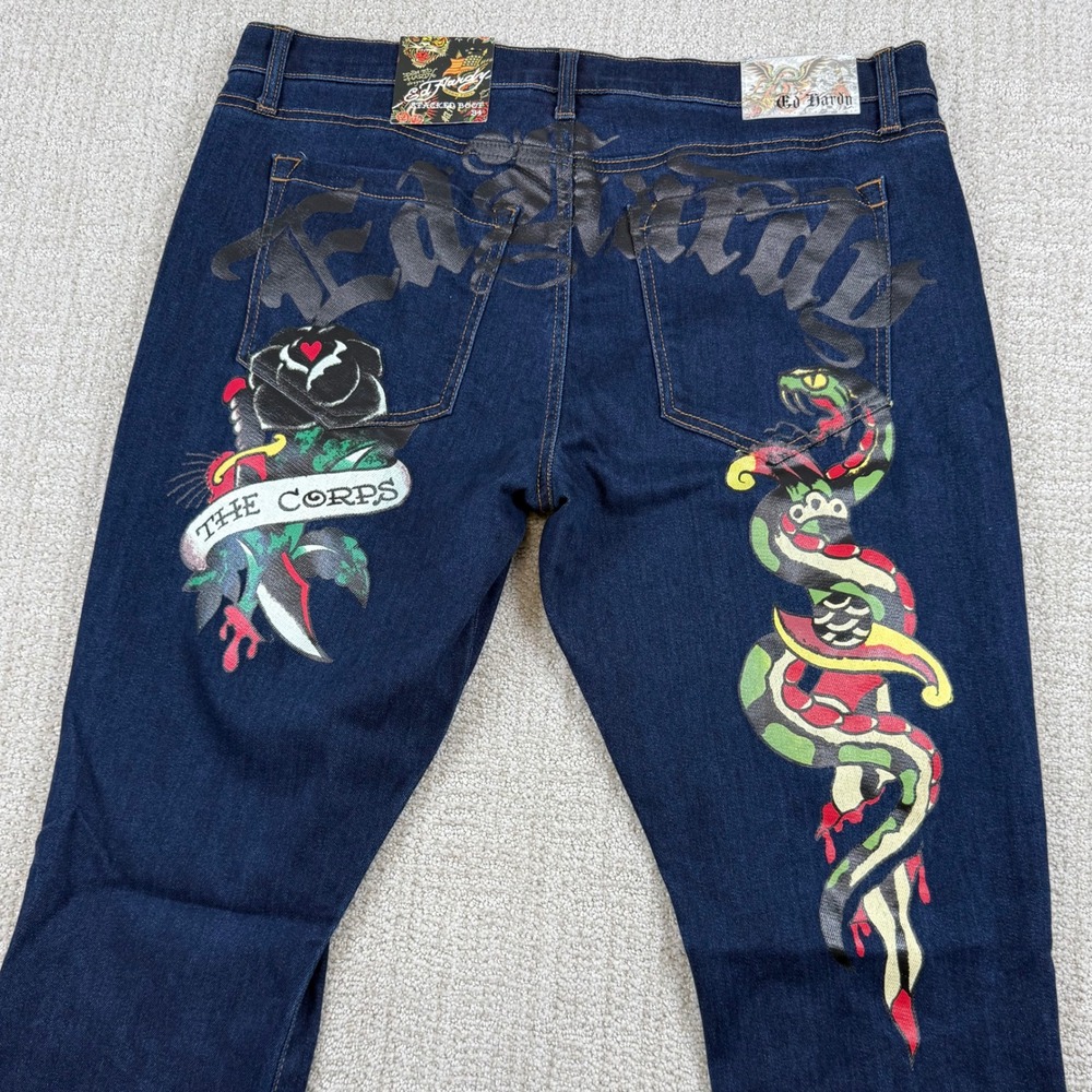 NEW Ed Hardy Mens 34 (Actual 36x36) Stacked Bootcut Tattoo Snake Graphic Jeans
